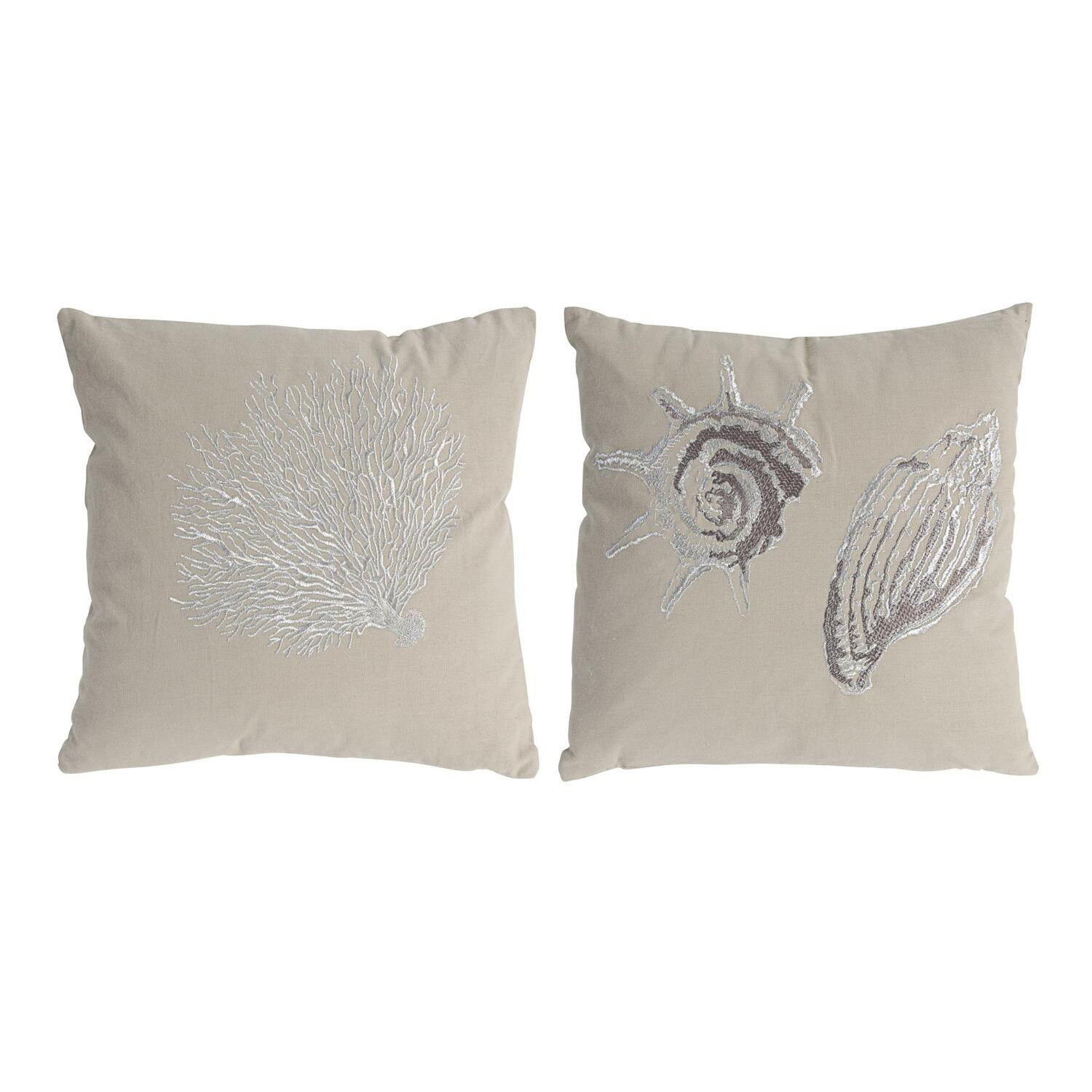 Tan Coastal Embroidered Seashell Square Pillows Set
