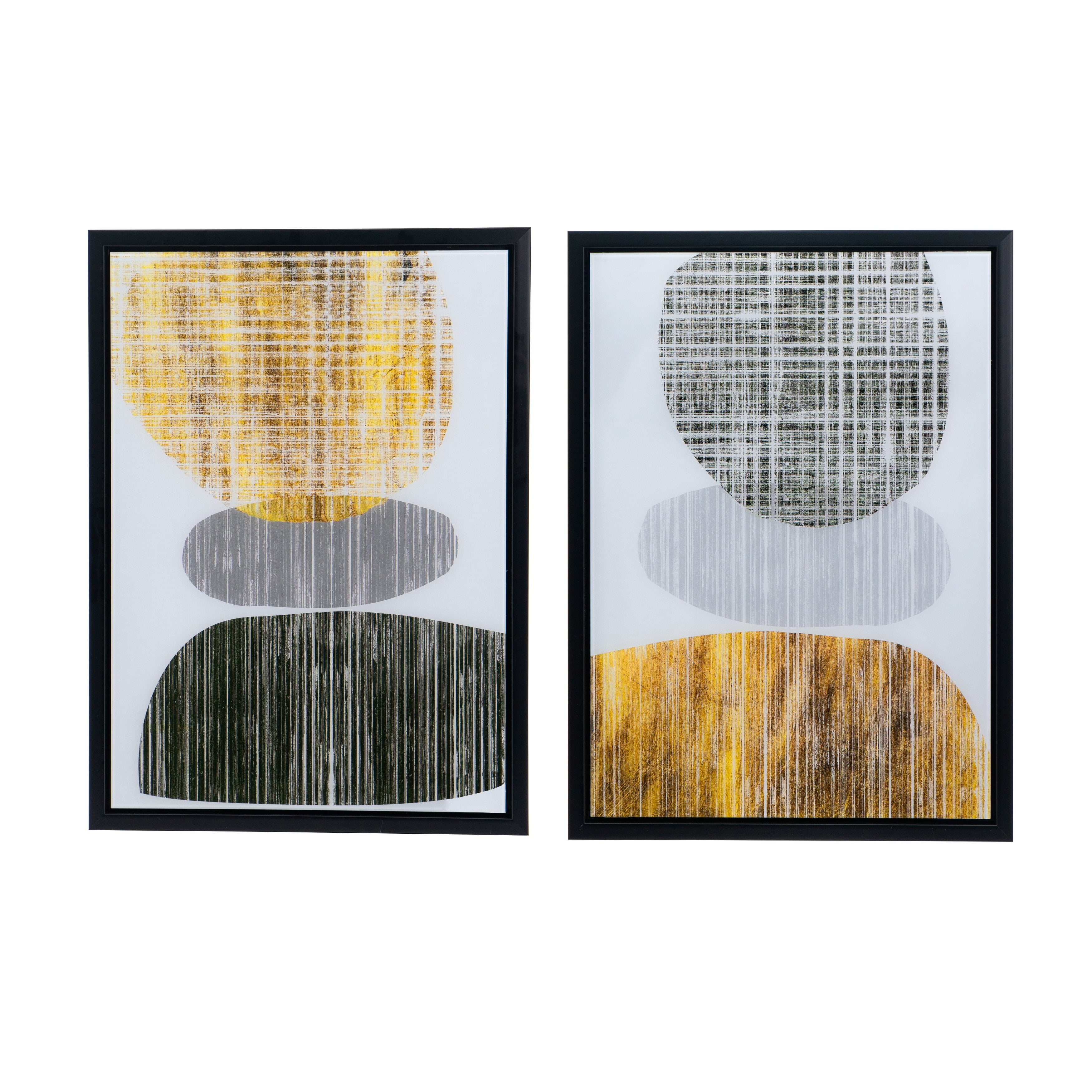 Set of 2 Gold and Gray Abstract Acrylic Wall Art with Black Frame