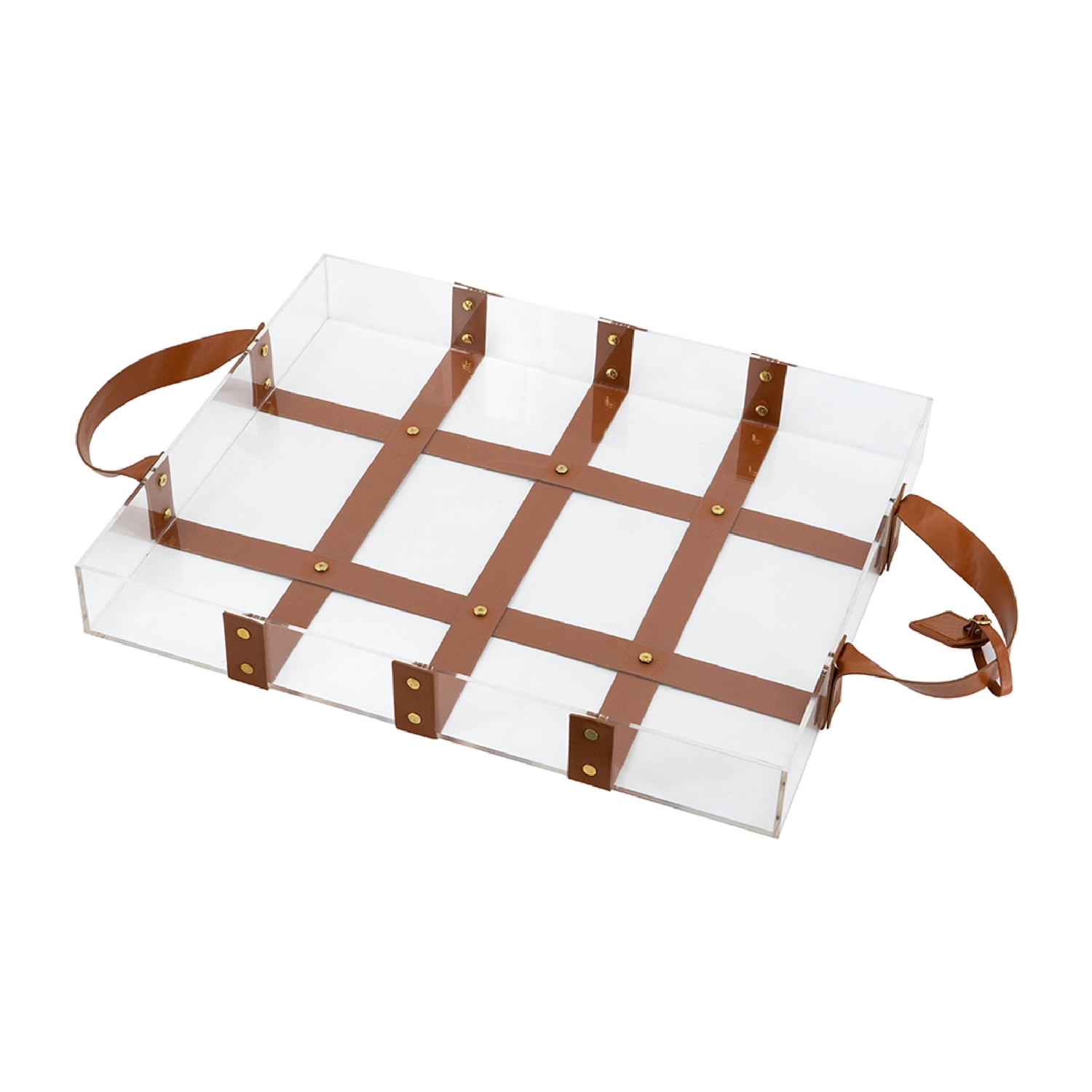 Clear Acrylic Tray with Brown Leather Straps and Handles