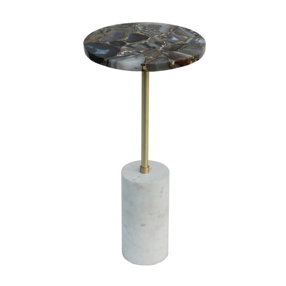 A&B Home Agate and Brass Side Table with Cylindrical Marble Base - Matte Brass, White Marble, Black Agate