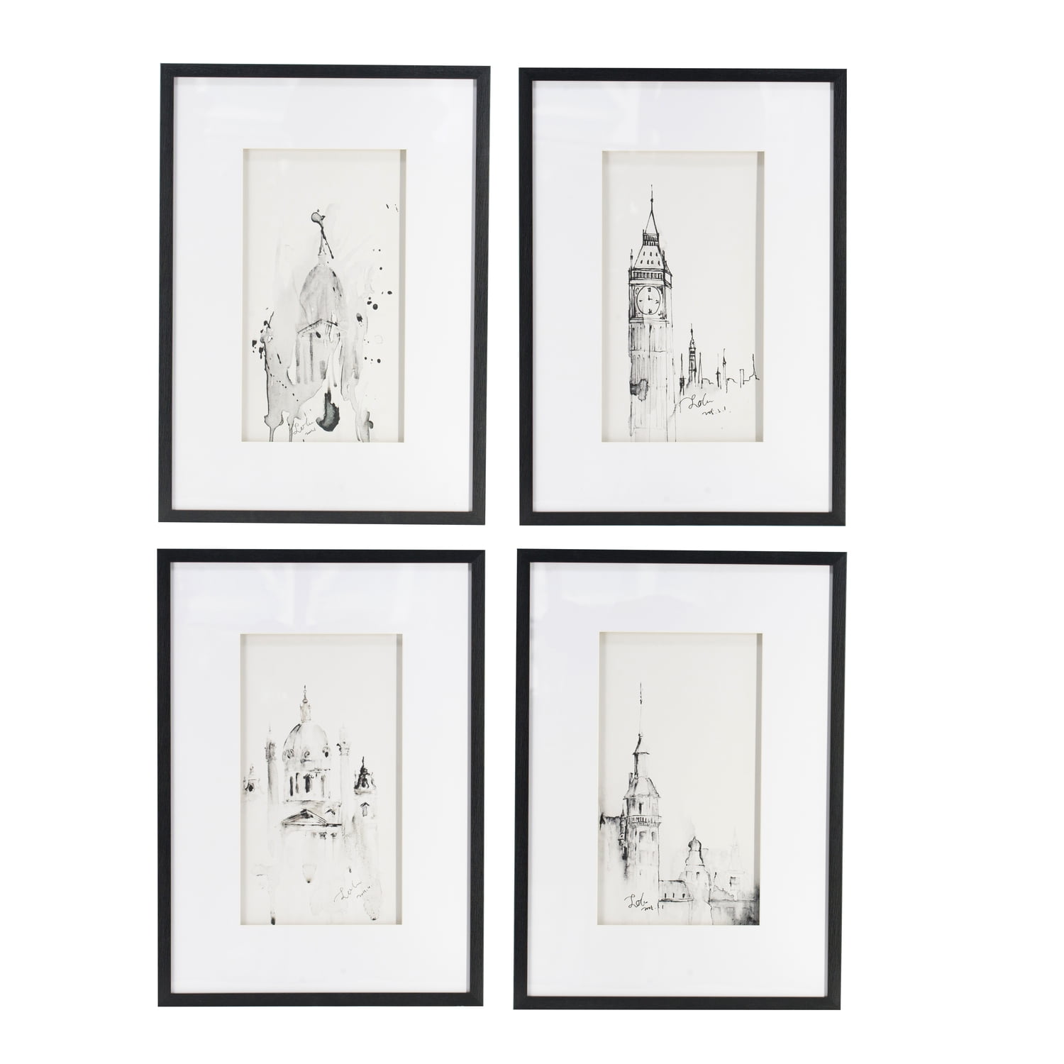 Black and White Architectural Framed Canvas Prints Set of 4