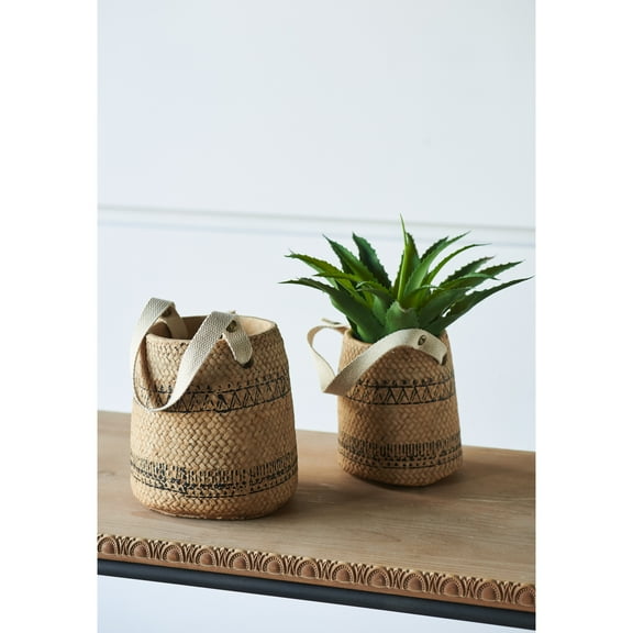 A&B Home Aztec Pattern Natural and Black Woven Detail Outdoor Basket Planter with Cotton Handle Medium