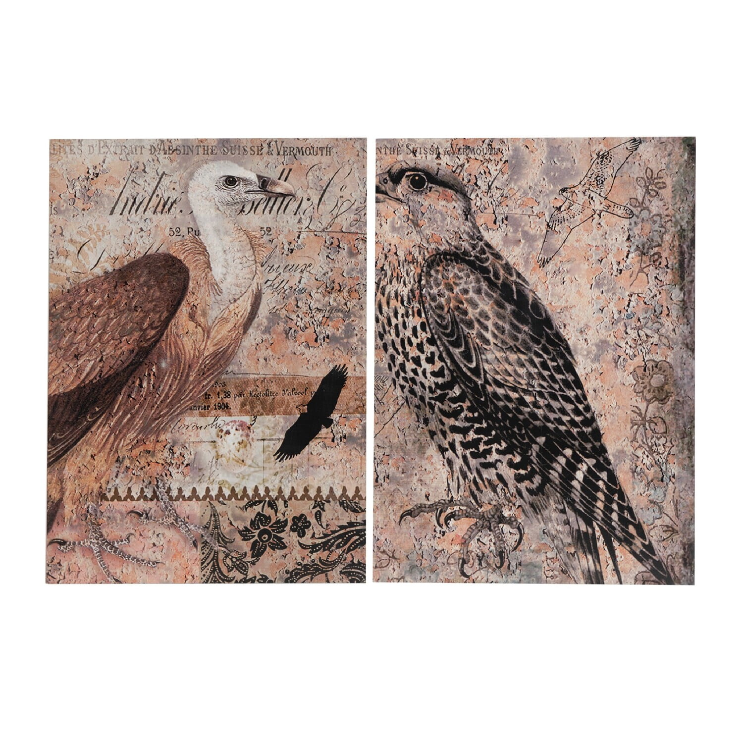 Vintage Style Bird Prints on MDF Wall Art Set
