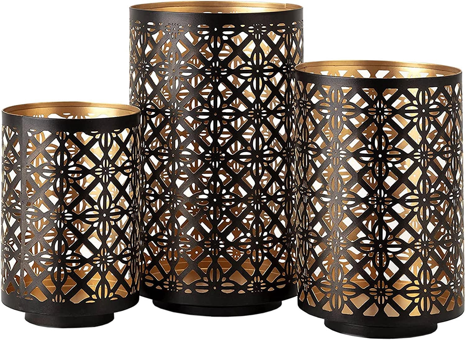 A&B Home Black and Gold Candle Holder Set - Set of 3 Cylindrical Hollow ...