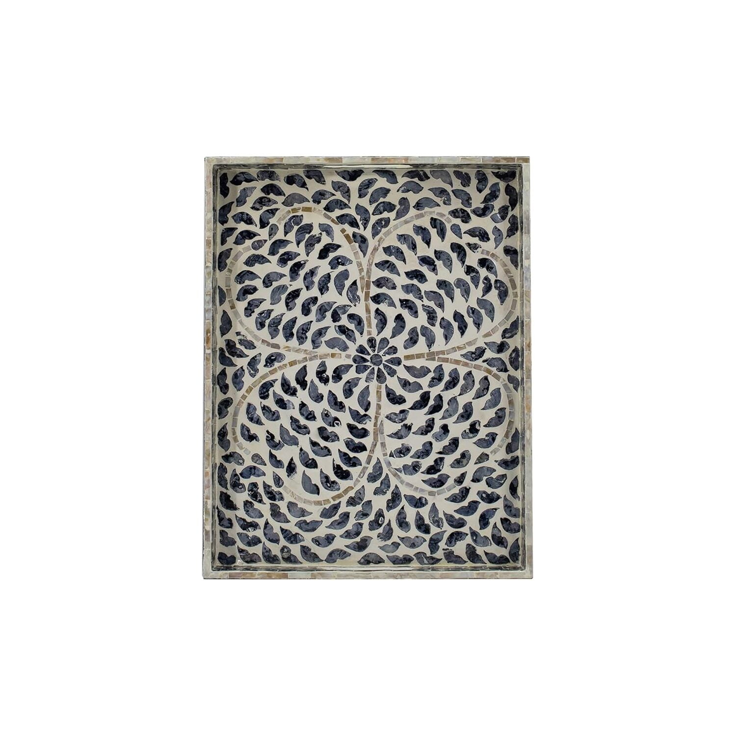 Large Black and Beige Capiz Wood Rectangular Tray with Handles