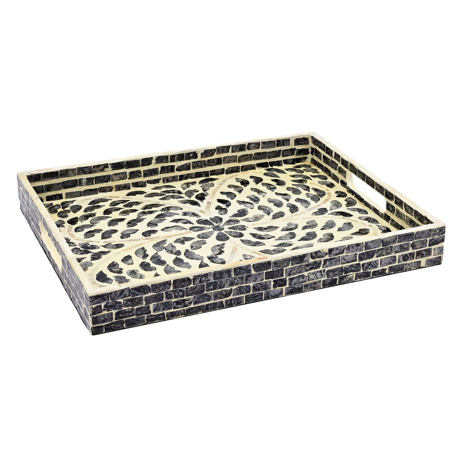 Small Black and White Capiz Rectangular Tray with Handles