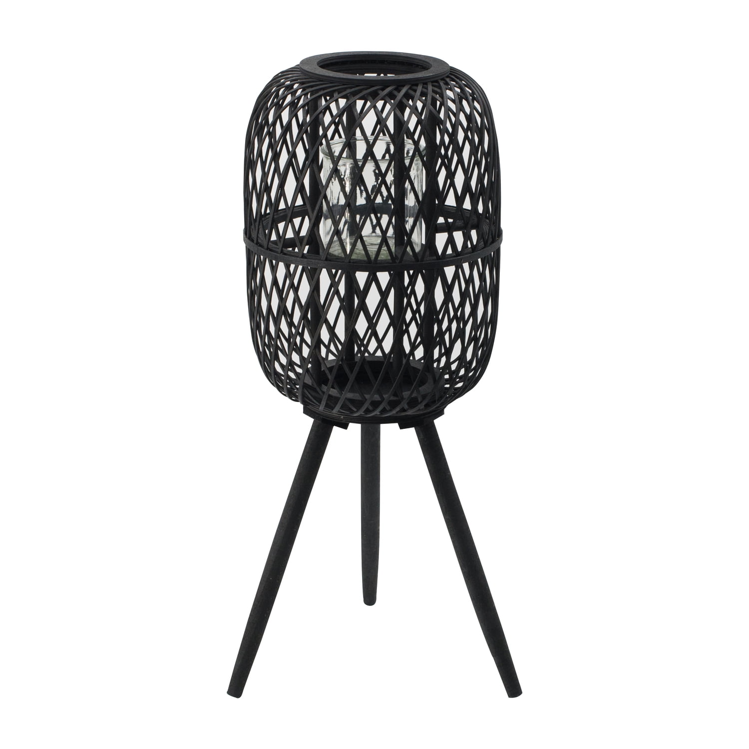 Black Bamboo and Wood Hurricane Candle Lantern with Tripod Legs
