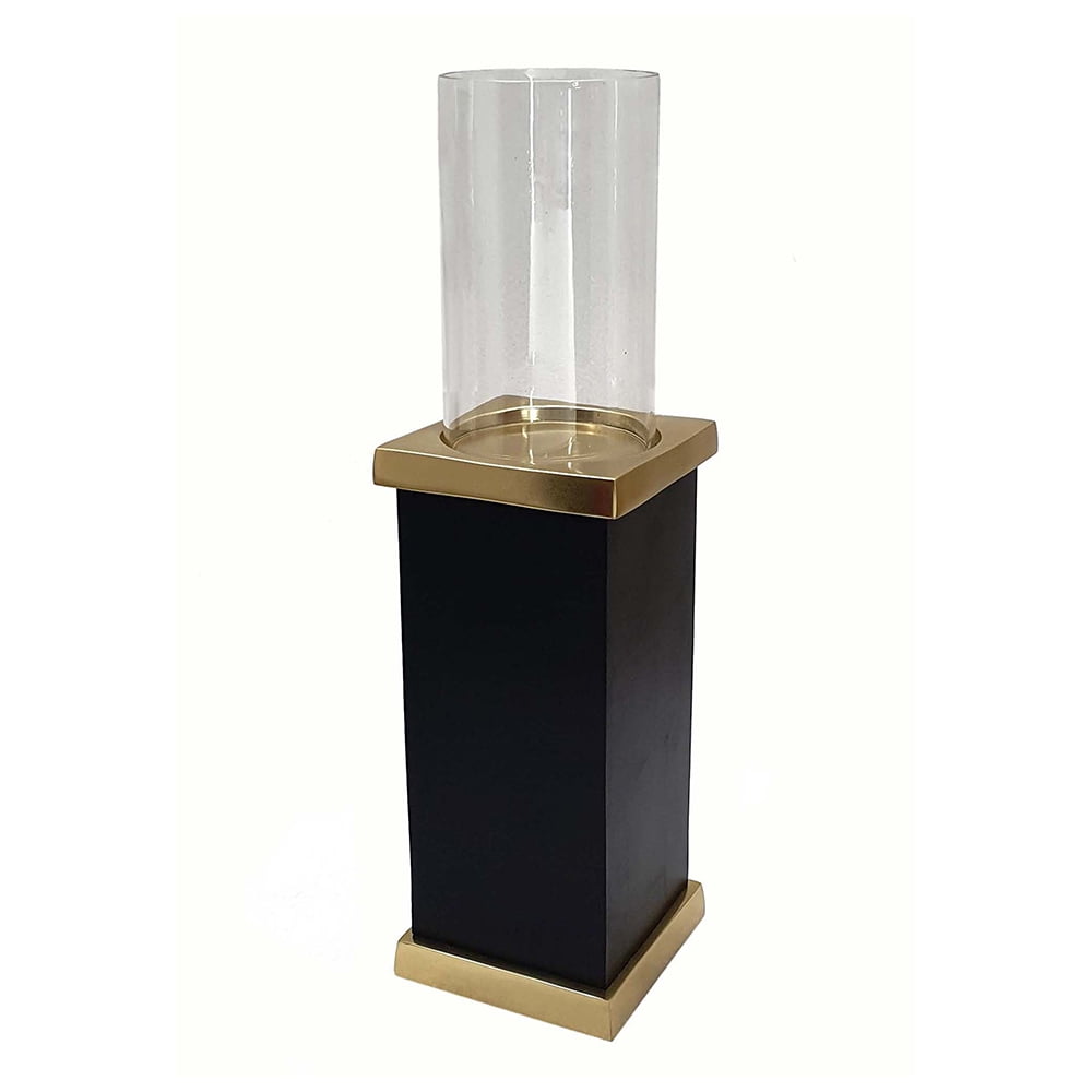 Black and Gold Mango Wood Candle Lantern with Glass Hurricane