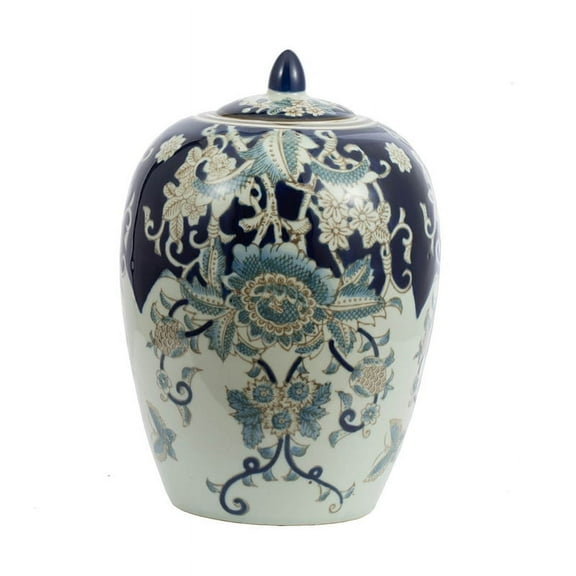 A&B Home Blue White Floral Pattern Lidded Porcelain Jar 7.9" x 7.9" x 11.4"