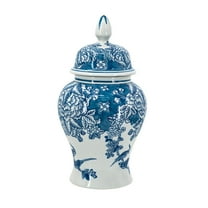 A&B Home Blue and White Botanical Bird Porcelain Ginger Jar 6.7" x 6.7" x 12.4"