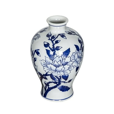 A&B Home Blue and White Floral Pattern Porcelain Meiping Vase 6.5" x 6.5" x 10.2"