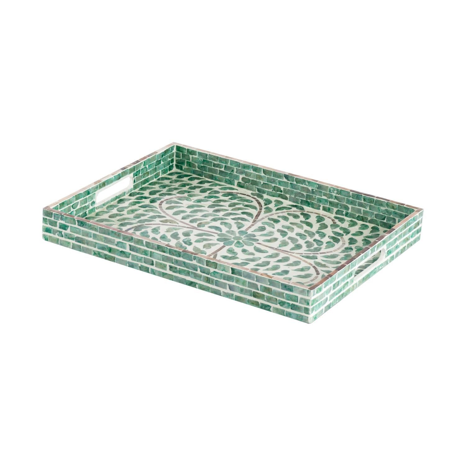 Green Capiz Rectangular Wood Tray with Handles