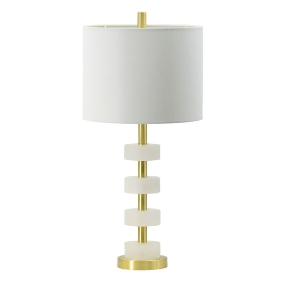 A&B Home Brass Table Lamp with Marble Disc Accent and Drum Fabric Shade - Brass, White Finish - White Shade