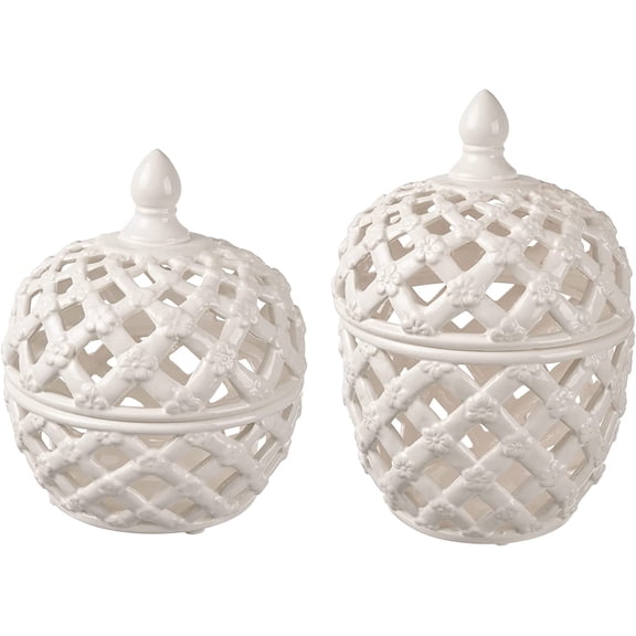 A&B Home Ceramic Lidded Jar White Porcelain Jar Home Dcor Table Top Decorative,Set of 2