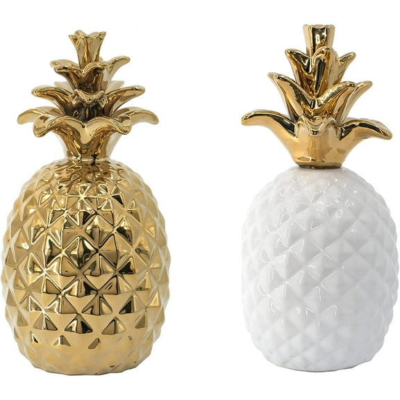 A&B Home Ceramic Pineapple Decor-Home Office Tablet Accent Piece, Gold/ White, Set of 2