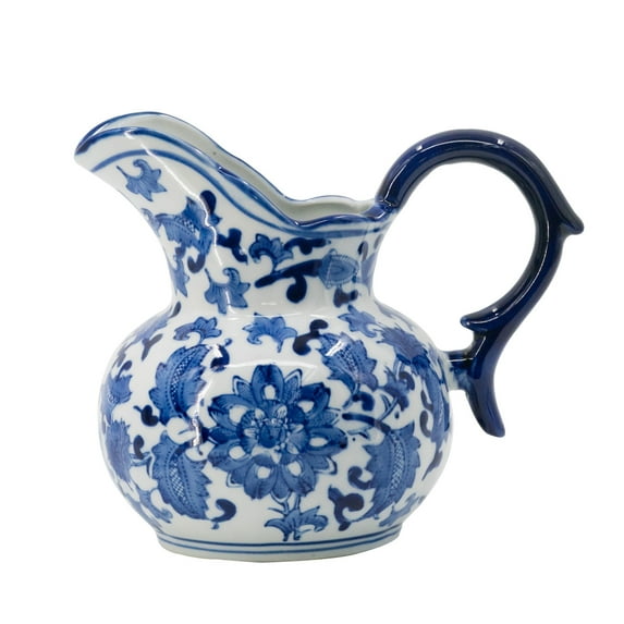 A&B Home Ceramic Pitcher with Handle-Coffee Milk Creamer Pitcher for Kitchen,Flower Pattern Blue & White Porcelain Jar,9"x6x8"