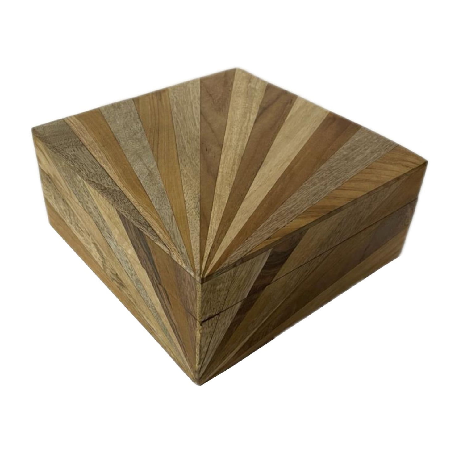 Natural Multi-Toned Wooden Lidded Box with Sunray Design