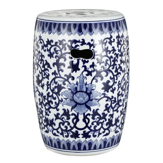 A&B Home Classic Vintage 17 in Glossy Floral Ceramic Garden Stool, Blue