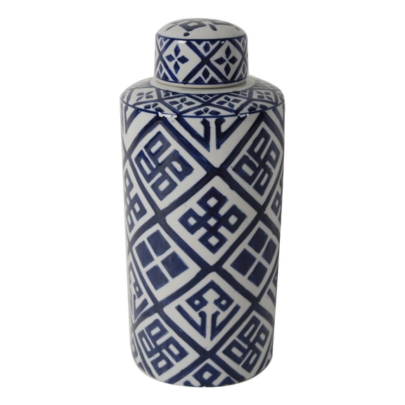 A&B Home Oriental Classic Multi Purpose Valora Blue and White Ceramic Cylinder Jar D 6" x 14"