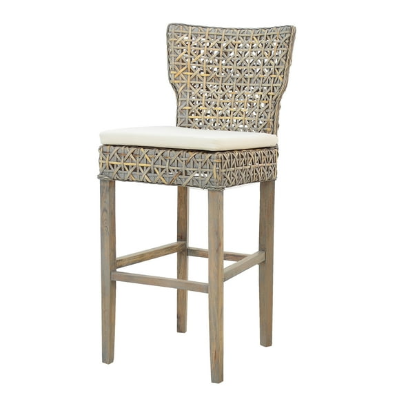 A&B Home Condro Bar Chair with Woven Rattan Detail and Cushion - Weathered Gray Finish - Off-White Cushion