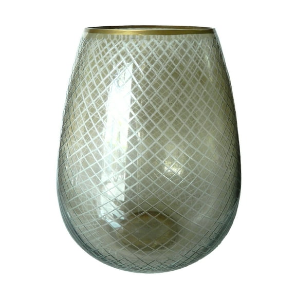 A&B Home Cross-Cut Pattern Glass with Metallic Rim Candle Holder - Green Luster, Gold Finish