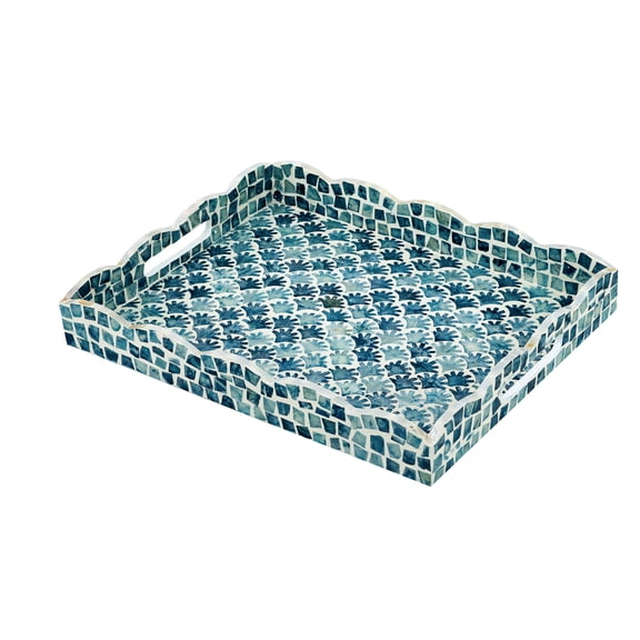 A&B Home Decorative Rectangle Tray with Blue and White Capiz Design - 16x13x2"