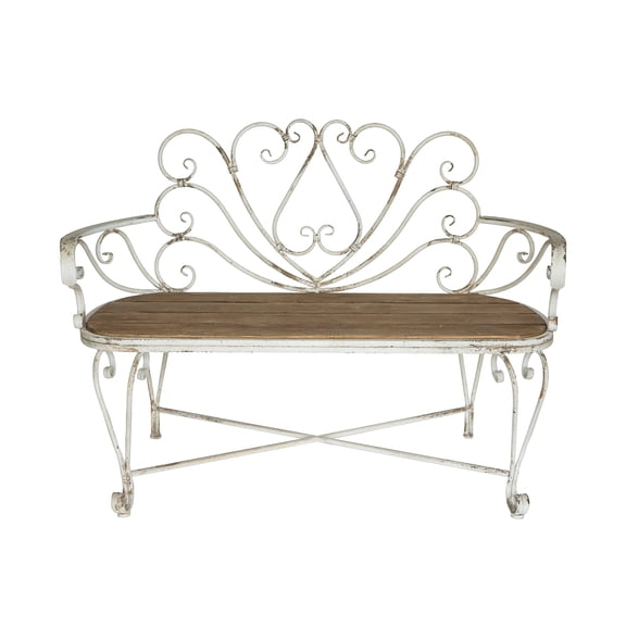 A&B Home Distressed White Iron Bench with Brown Wooden Seat and Scrollwork Heart Design - 49x19x36"