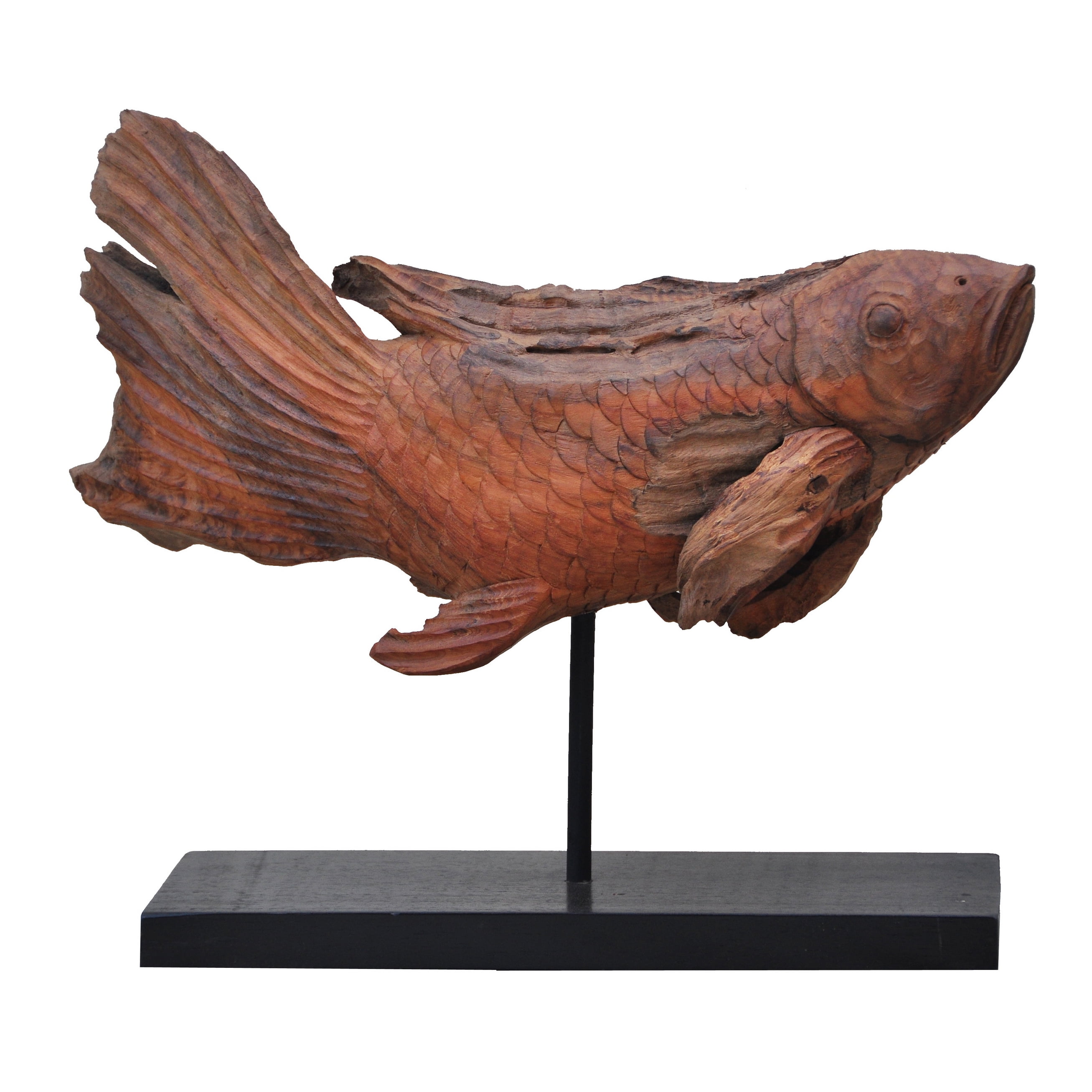 Brown Teak Wood Dragon Koi Sculpture with Black Pedestal
