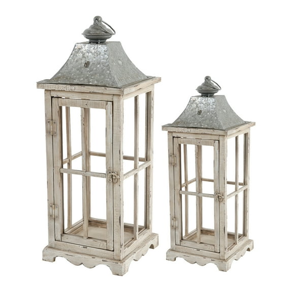 A&B Home Evelyn Square Enclosed Lanterns with Handle - Silver, White Wash - Set of Two-Color:Silver,Style:Classic Vintage