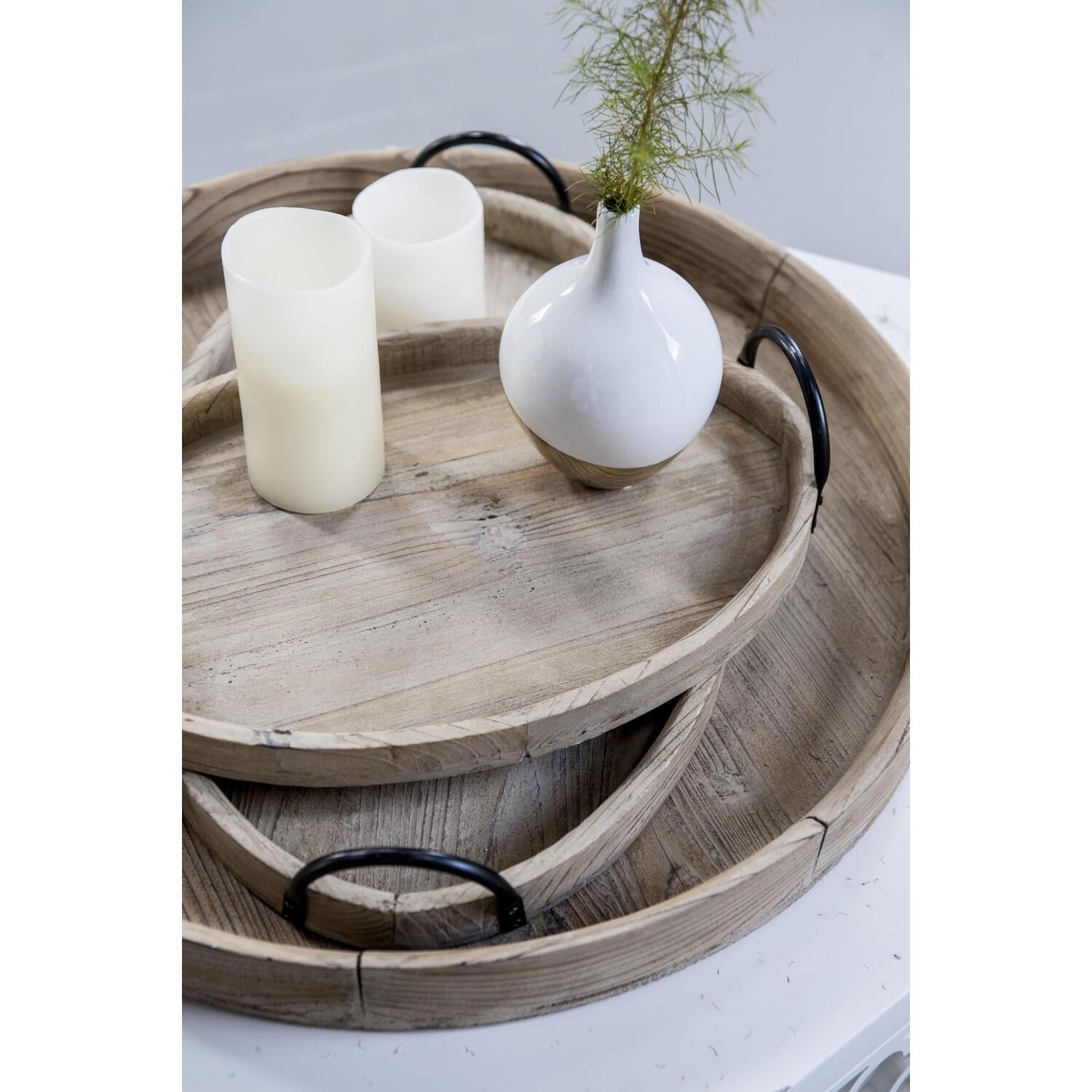 Natural Round Wooden Serving Trays with Handles, Set of 2