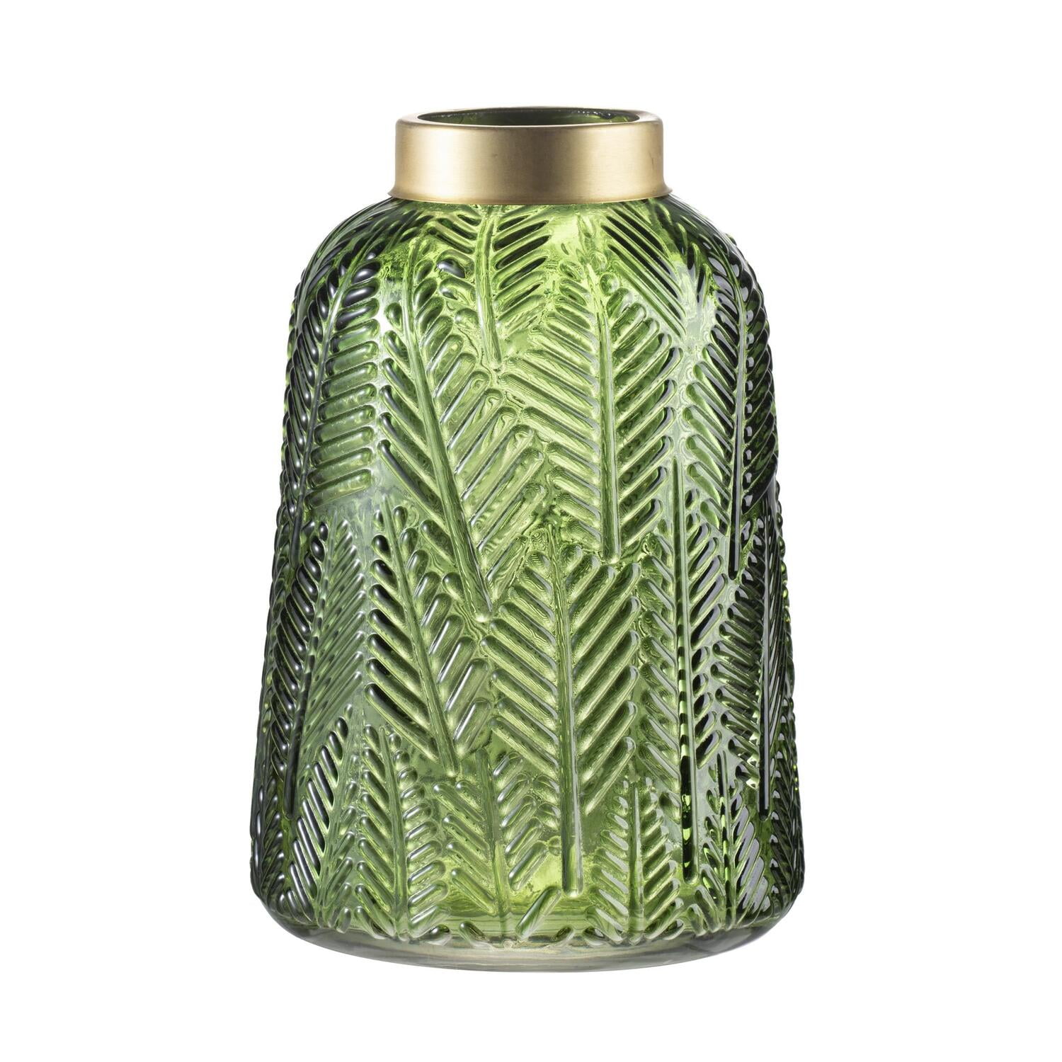 Green and Gold Fern Leaf Glass Table Vase