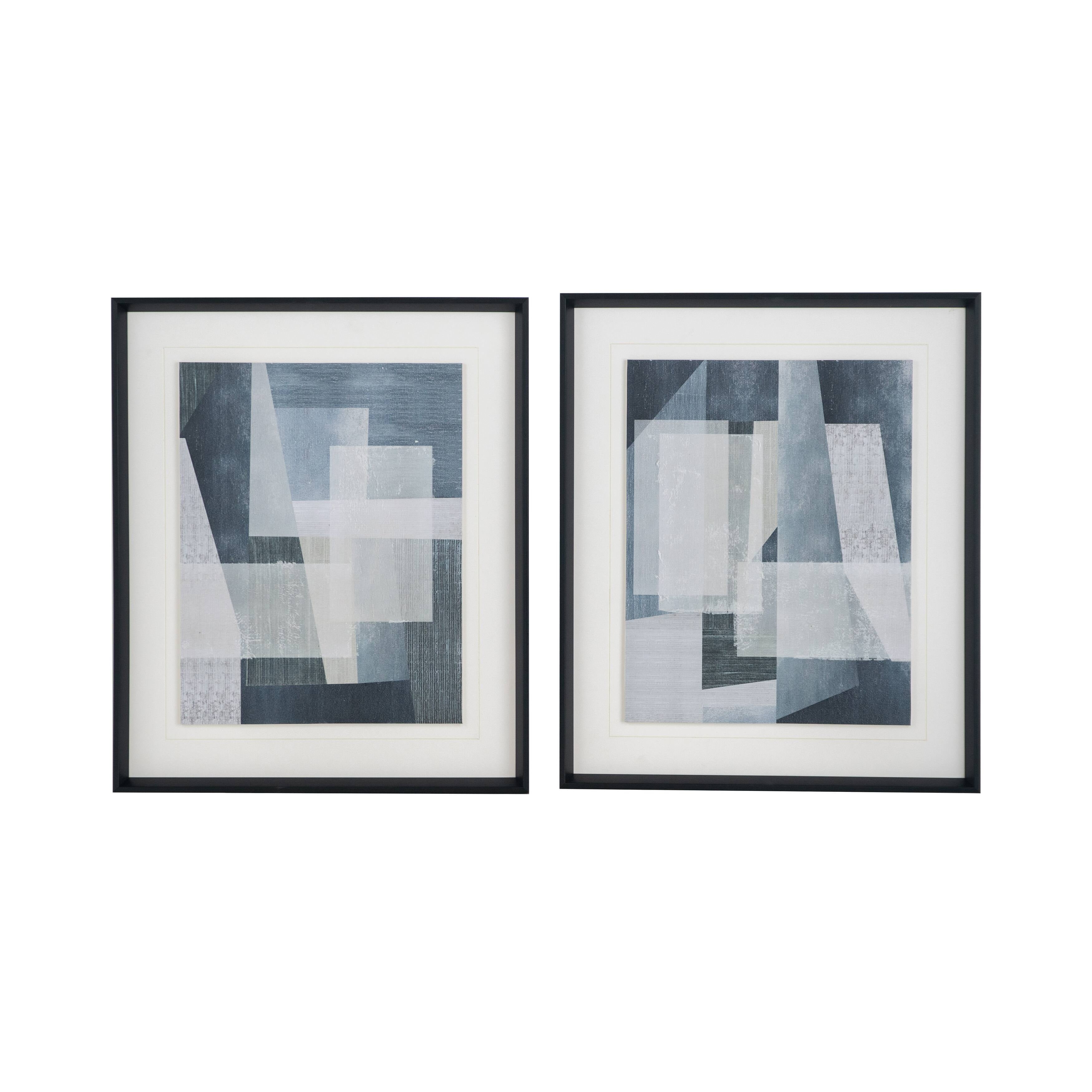 Set of 2 Blue Geometric Abstract Canvas Prints with Black Frames
