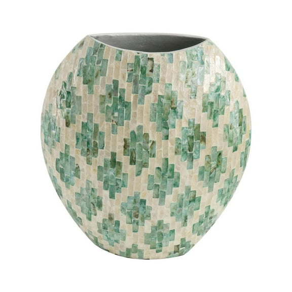 A&B Home  Green and Tan Diamond Pattern Capiz Vase Small 13 inches