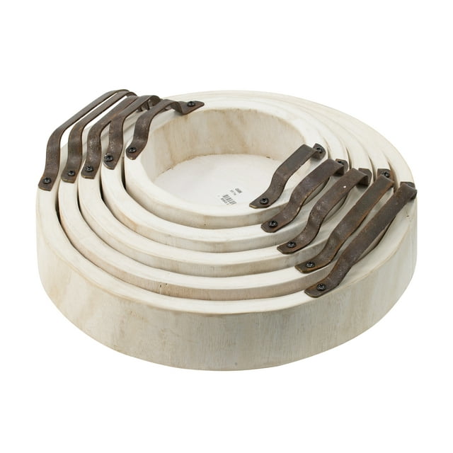 A&B Home Interlocking Round Paulownia Wood Nesting Trays with Metal Handles - Set of 5 - White Wash, Brown Finish
