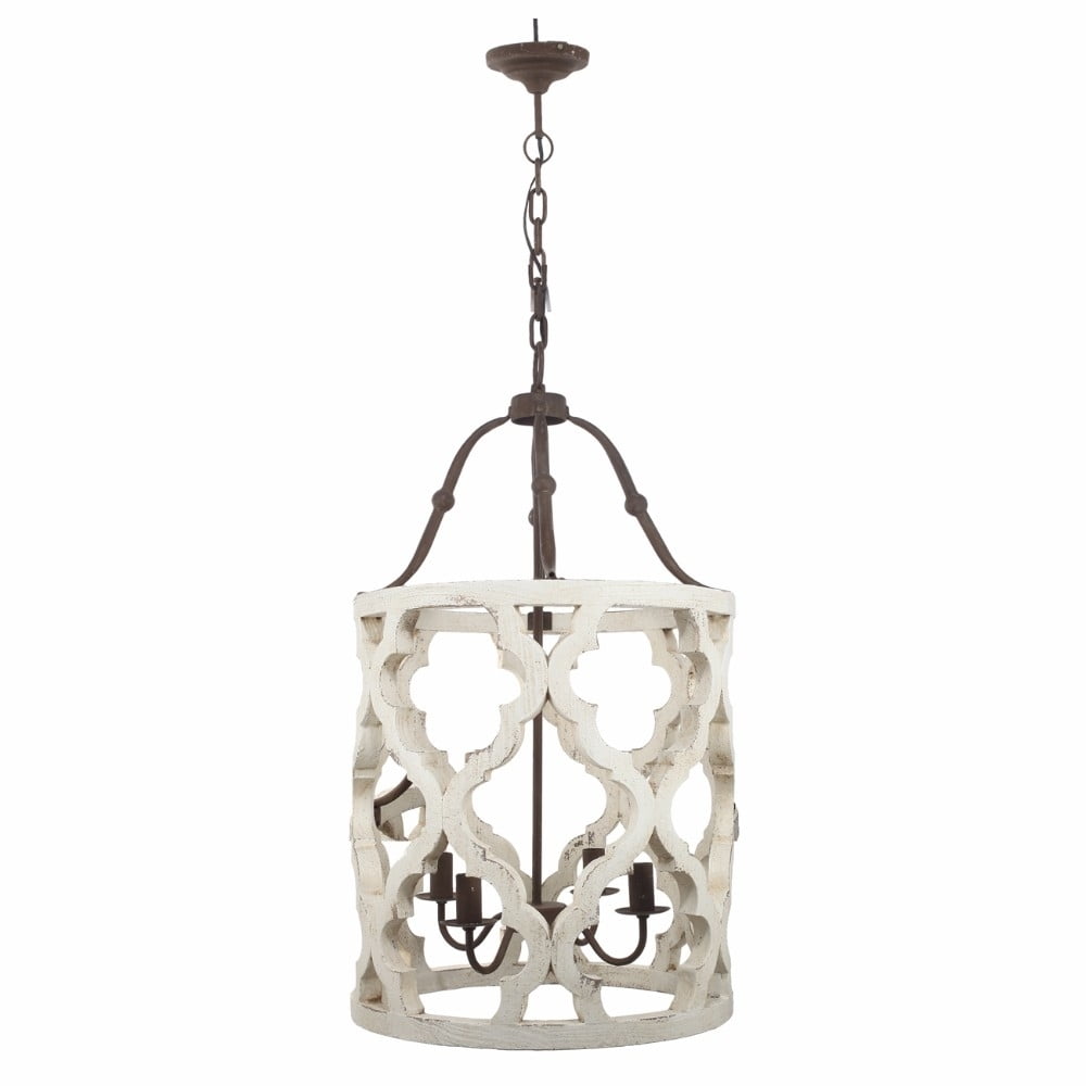 Jolette Distressed White Wood Drum Chandelier with Metal Accents