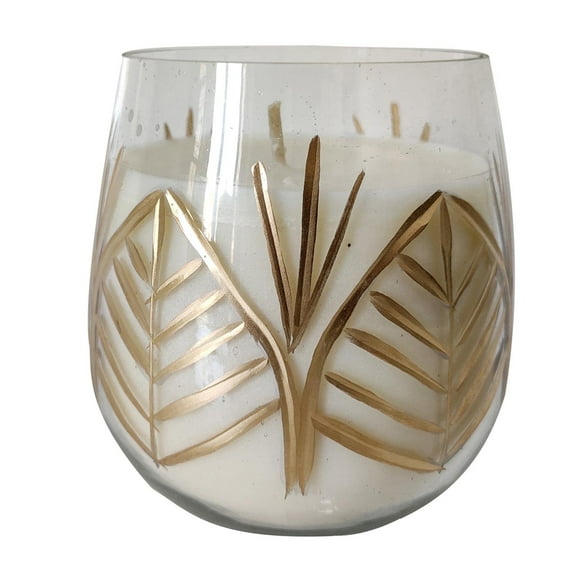 A&B Home Leaf Pattern Round Soy Wax Candle - 3.5" Dia. x 4" - Gold Cut Glass