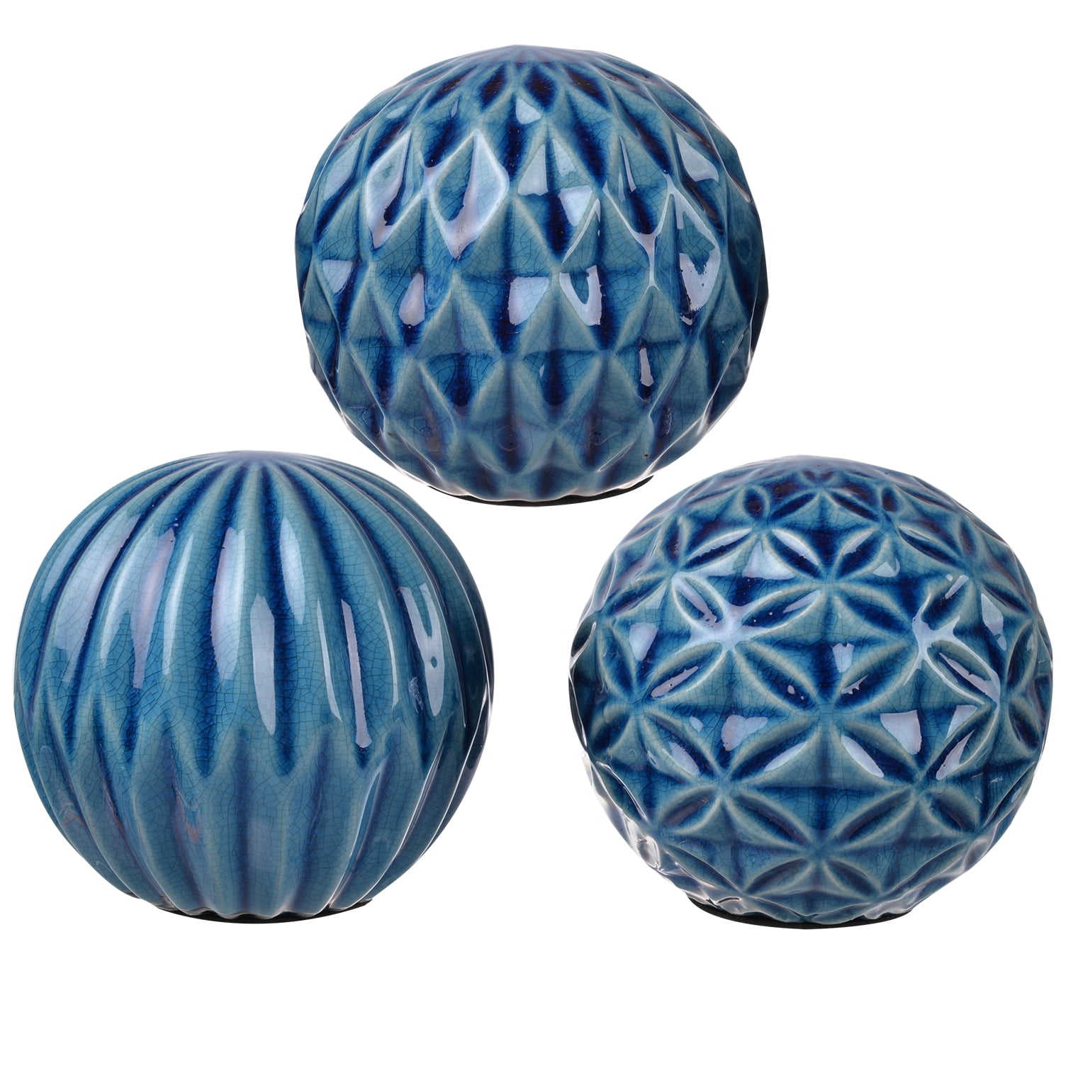 Blue Ceramic Patterned Decorative Ball Set, 7-inch