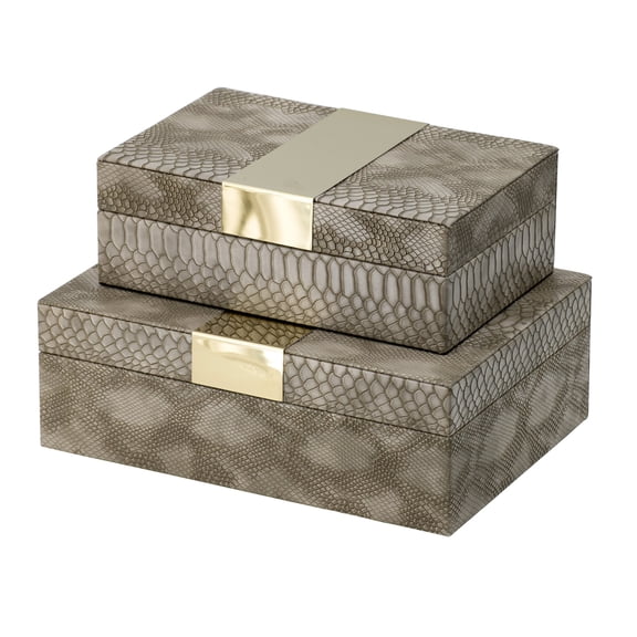 A&B Home Metal Banded Python Print Decorative Rectangular Boxes - Set of 2 - Gray, Gold Finish