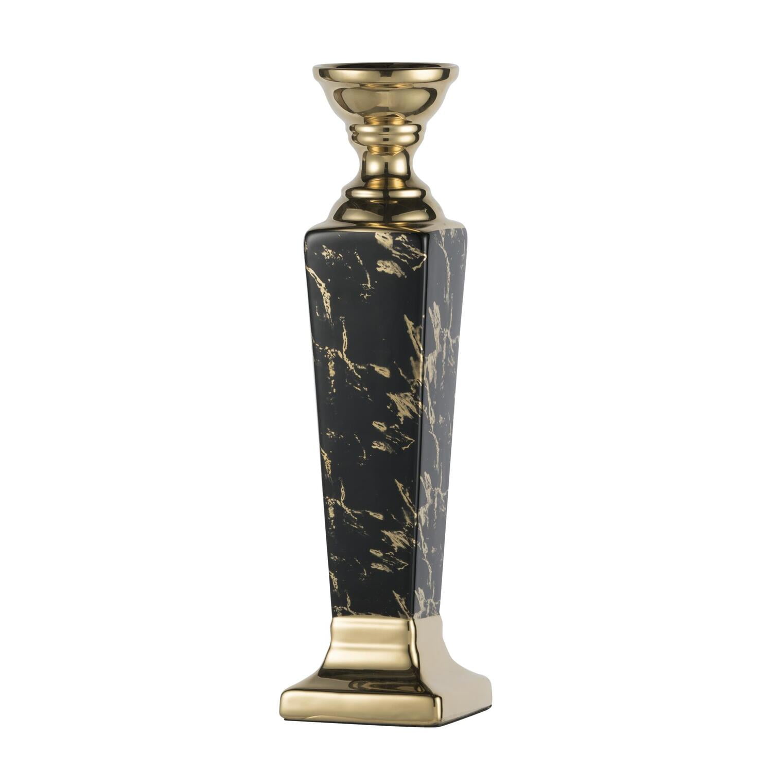 Modern Gloss Black and Gold Ceramic Candlestick, 16.9" High