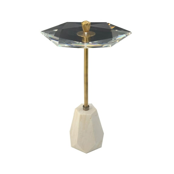 A&B Home Pentagonal Shape Marble Table with Faceted Glass Top - Antique Brass, Clear, White Finish
