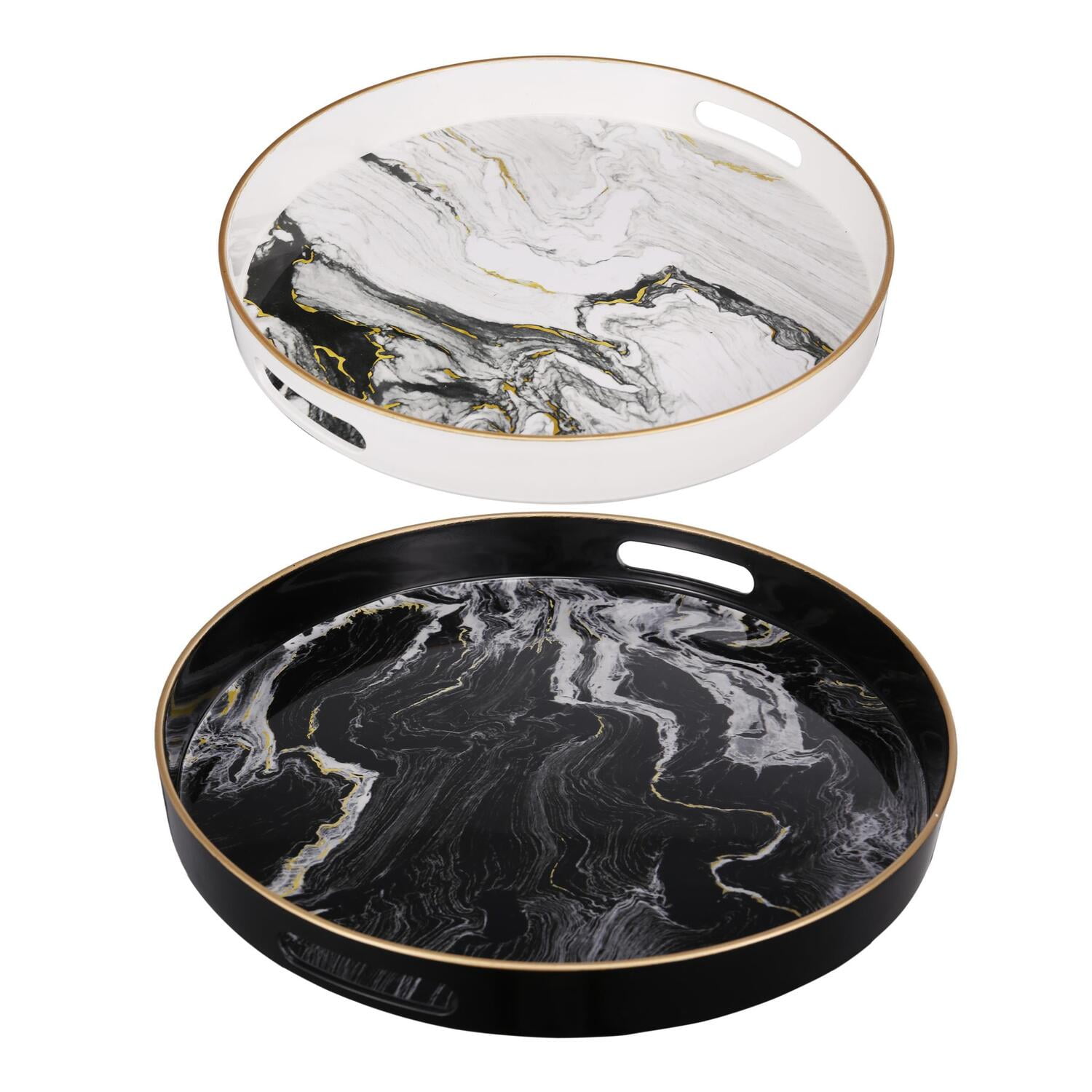 Elegant Black and White Marble Round Trays Set of Two
