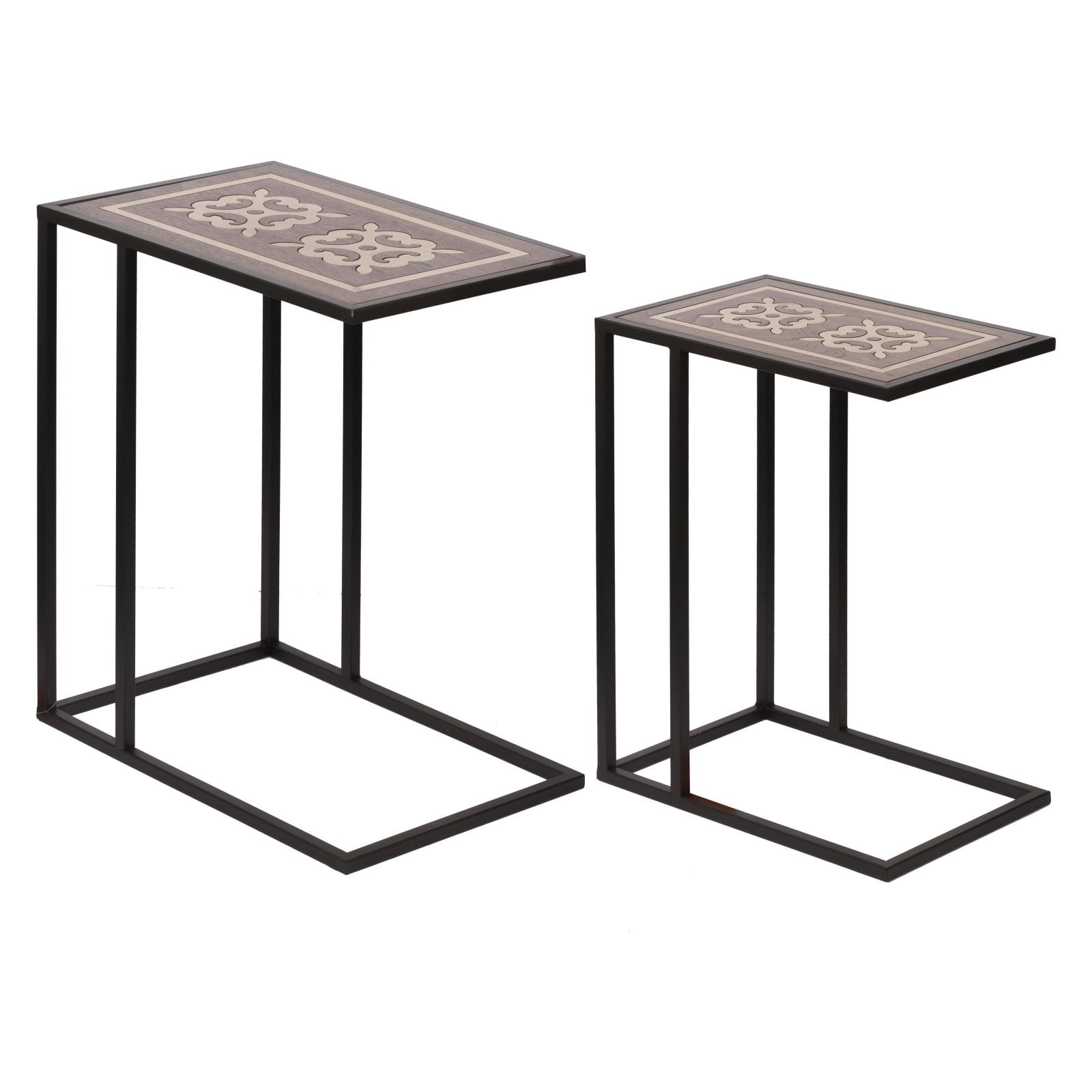 Raj Brass Inlaid C-Shape Nesting Tables, Black Iron Set of 2