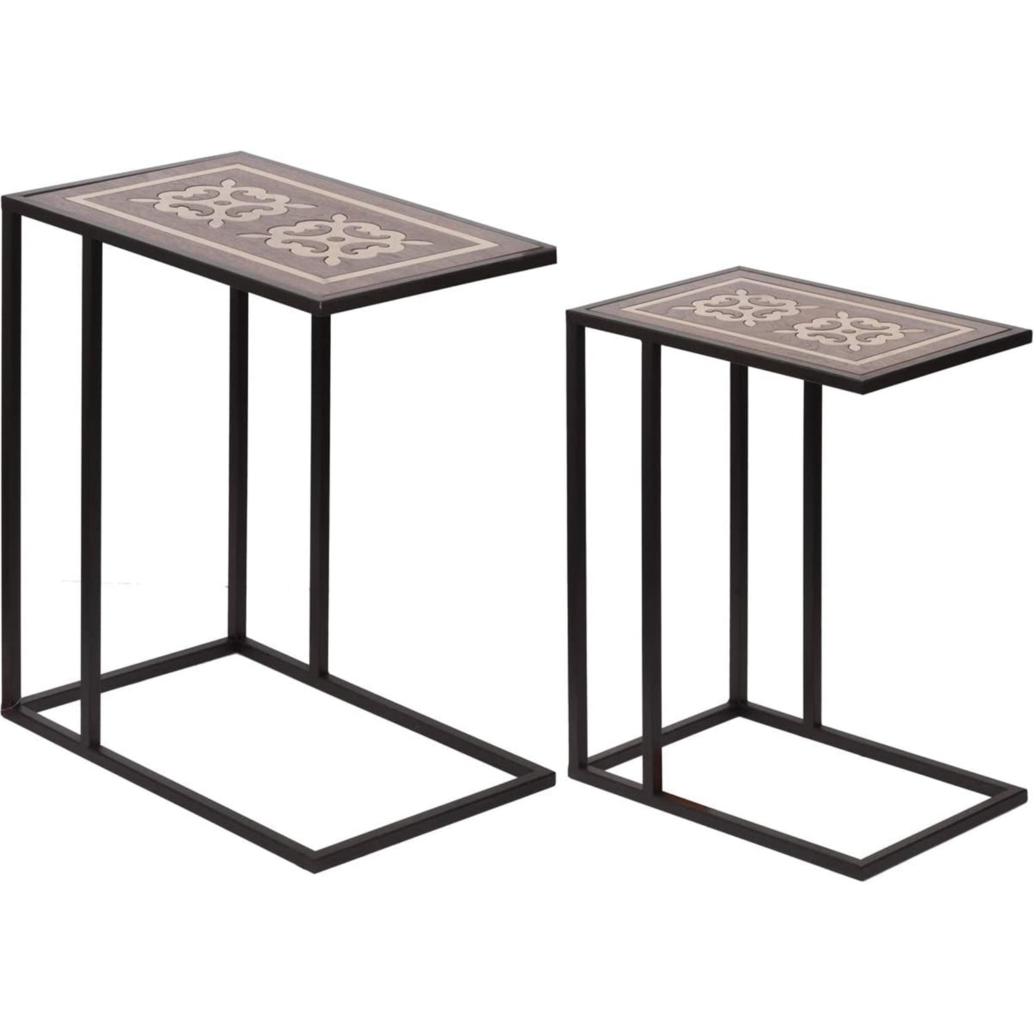Raj Brass Inlaid C-Shape Nesting Tables, Black Iron Set of 2