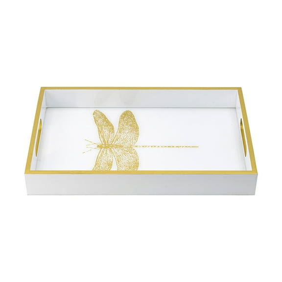A&B Home Rectangular Dragonfly Tray with Gold Trim with Handles - White, Gold Finish