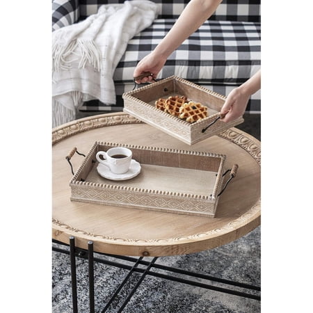 A&B Home Decorative Serving Tray Set of 2 with Handles Boho Chic Style Beaded Edge Detailed Etching Fir Wood Metal Centerpiece Table Décor L: 19.3x10x3.3, S: 15.9x8.7x3.1 Inch