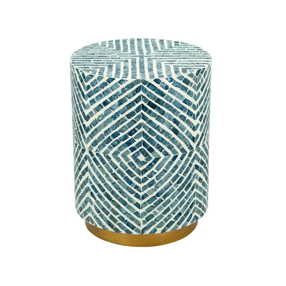 A&B Home Round Accent Stool with Blue and White Capiz Design and Gold Pedestal Base D14x18"