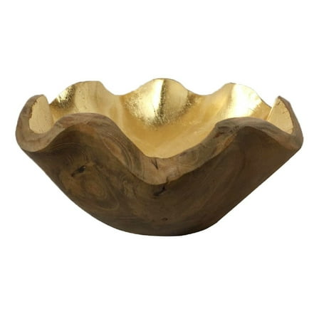 A&B Home Round Decorative Teak Bowl with Gold Accent 8.7" x 8.7" x 3.9"