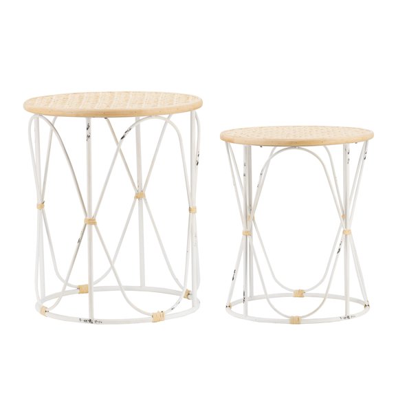 A&B Home Round Nesting Side Tables with Wooden Tops and Metal Loop Base - Set of 2 - Natural, Distressed White Finish