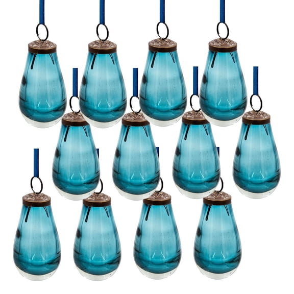 A&B Home Set of 12 Blue Teardrop Glass Ornament with Antique Brass Accent 2" x 2" x 3.8"