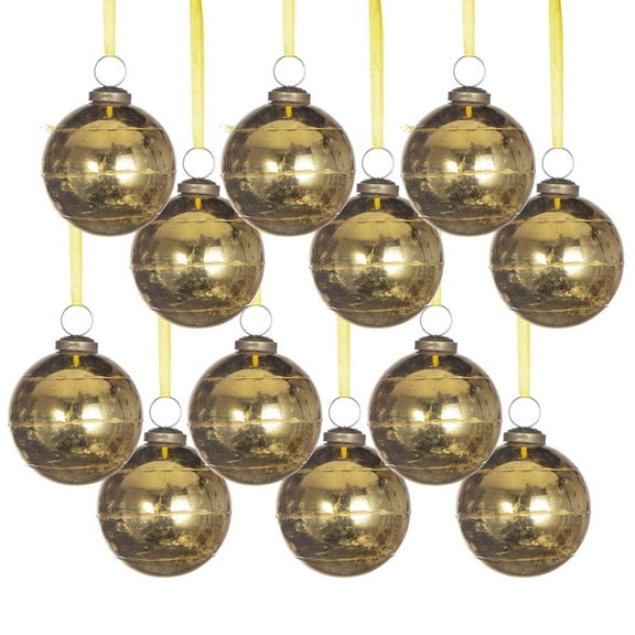 A&B Home Set of 12 Distressed Gold Glass Orb Hanging Ornaments 3.1" x 3.1" x 3.7"
